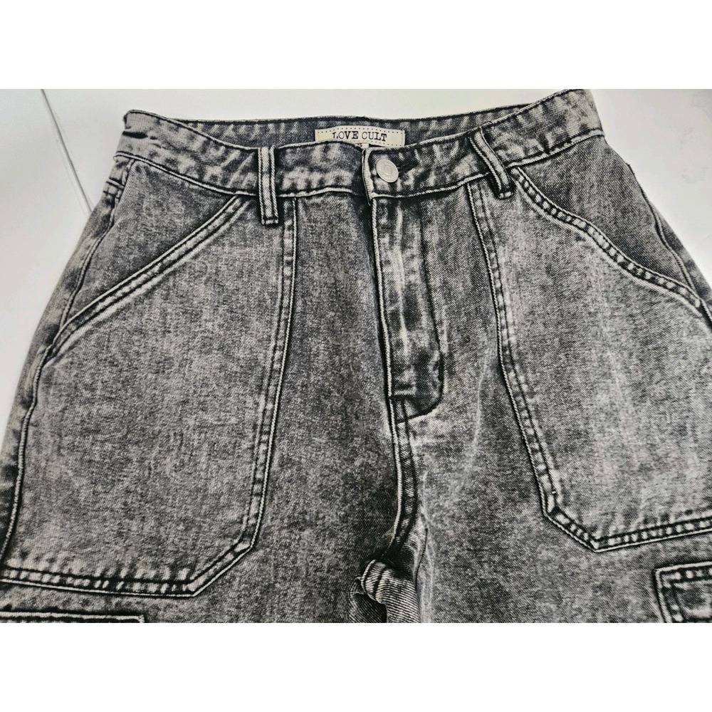 Love Cult Womens Wide Leg Cargo Black Acid Wash Size Small Baggy Denim Y2K - Picture 3 of 10